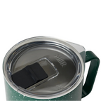 Green insulated mug with a black handle on a white background