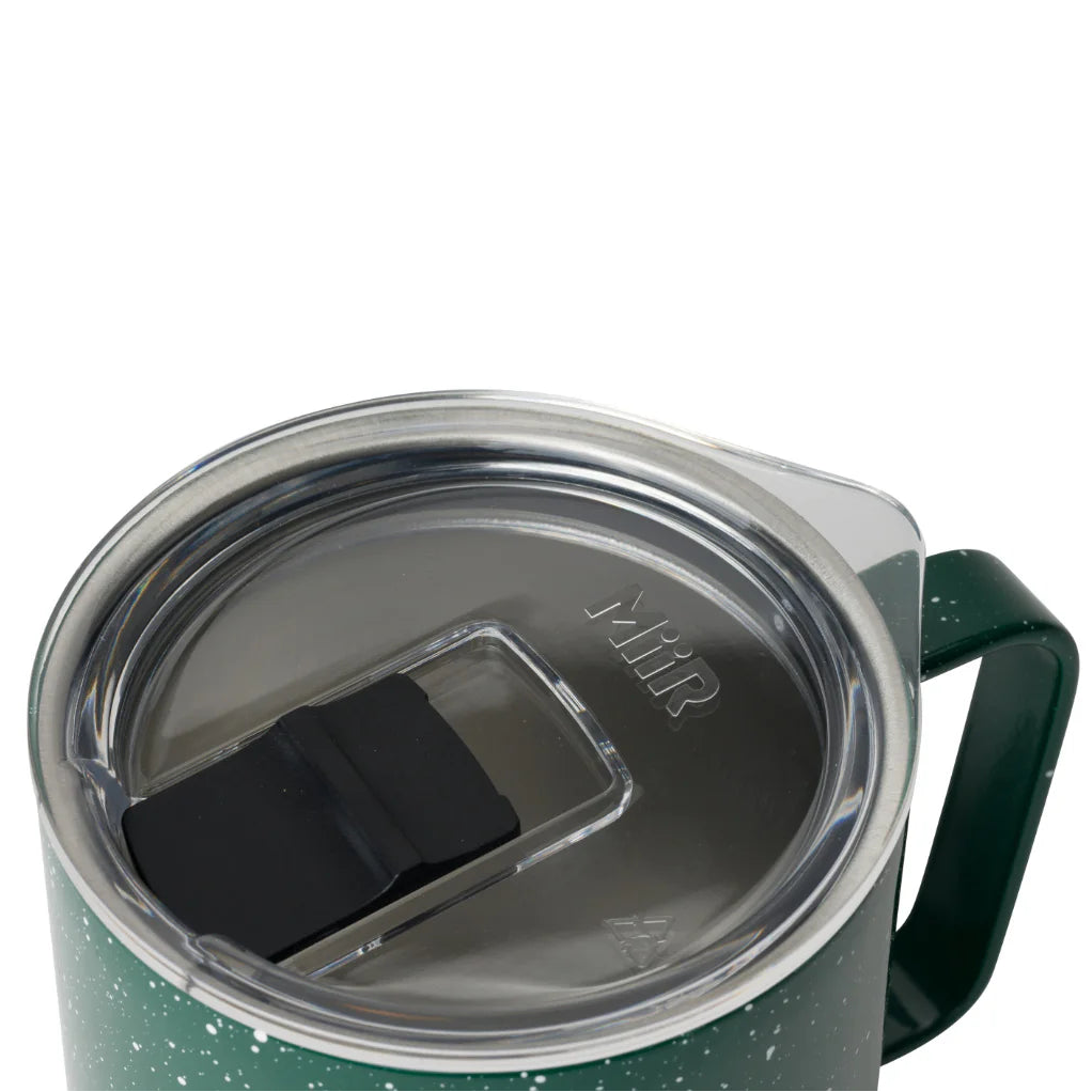 Green insulated mug with a black handle on a white background